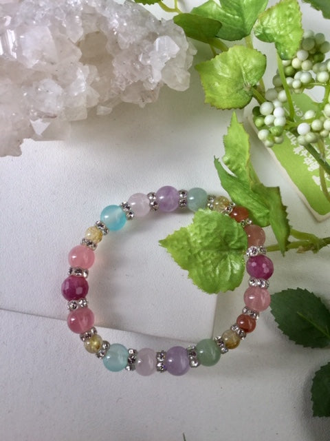 ブレスレット 花色 1点もの 天然石 春色 ミックス