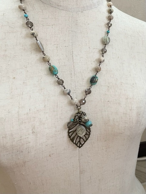 Necklace with 4 types of natural stones: turquoise tumble and African opal