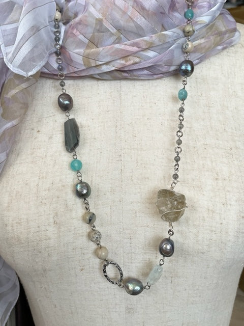 Necklace with 7 types of natural stones, handmade, large