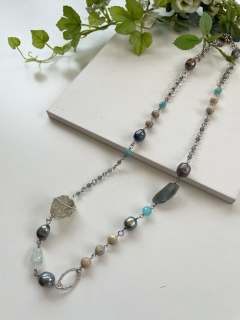Necklace with 7 types of natural stones, handmade, large