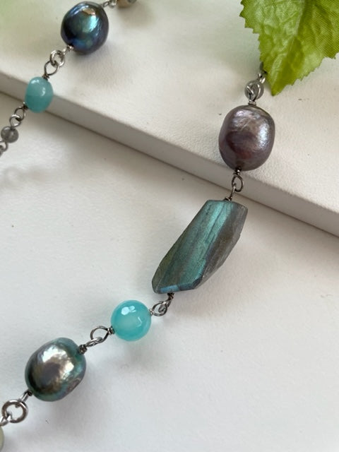 Necklace with 7 types of natural stones, handmade, large