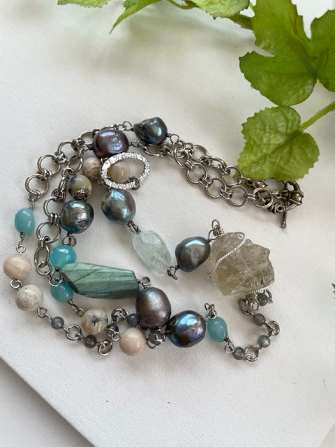 Necklace with 7 types of natural stones, handmade, large