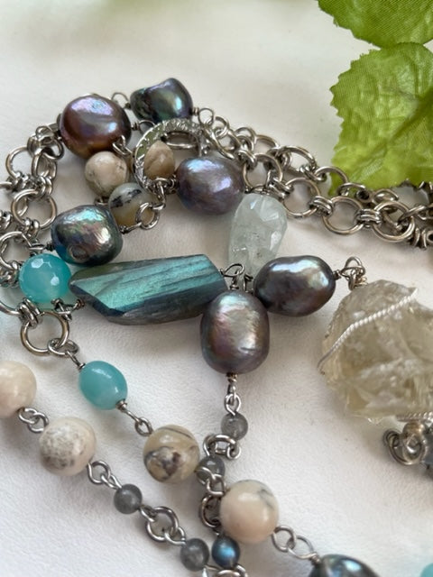Necklace with 7 types of natural stones, handmade, large