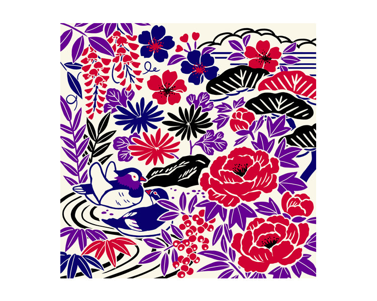 Flower and Bird Design, 2-Width Cotton Furoshiki, 100% Cotton, 71cm x 73cm
